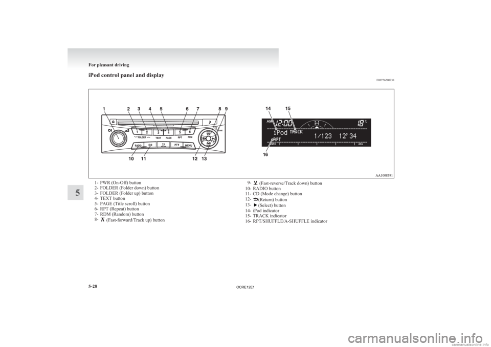 MITSUBISHI L200 2012 Owners Manual (in English) iPod control panel and display
E007562002381- PWR (On-Off) button
2-
FOLDER (Folder down) button
3- FOLDER (Folder up) button
4- TEXT button
5- PAGE (Title scroll) button
6- RPT (Repeat) button
7- RDM MITSUBISHI L200 2012 Owners Manual (in English) iPod control panel and display
E007562002381- PWR (On-Off) button
2-
FOLDER (Folder down) button
3- FOLDER (Folder up) button
4- TEXT button
5- PAGE (Title scroll) button
6- RPT (Repeat) button
7- RDM