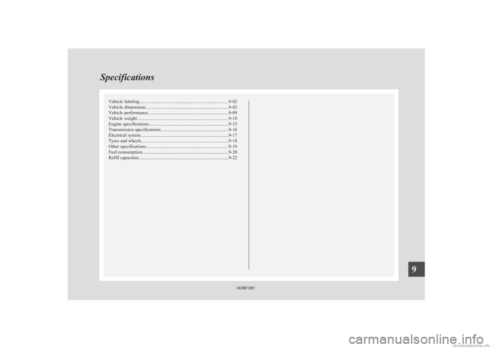 MITSUBISHI L200 2012 Owners Manual (in English) Vehicle labeling
............................................................................ 9-02
Vehicle dimensions....................................................................... 9-03
Vehicl MITSUBISHI L200 2012 Owners Manual (in English) Vehicle labeling
............................................................................ 9-02
Vehicle dimensions....................................................................... 9-03
Vehicl
