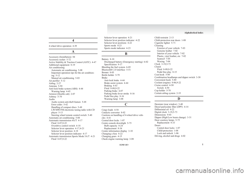 MITSUBISHI L200 2012   (in English) Owners Guide 4
4-wheel drive operation  4-39
AAccessory (Installation)  04
Accessory socket  5-72
Active Stability & Traction Control (ASTC)
  4-47
Additional equipment  8-19
Air conditioning Automatic air conditi