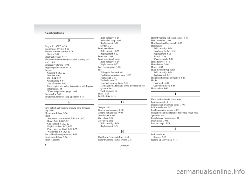 MITSUBISHI L200 2012  Owners Manual (in English) E
Easy select 4WD  4-26
Economical driving
  4-02
Electric window control  1-08 Switch  1-08
Electrical system  9-17
Electronic immobilizer (Anti-theft starting sys-
tem)  1-03
Emergency starting  6-0