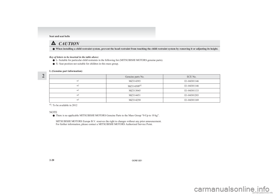 MITSUBISHI L200 2012 (in English) Repair Manual CAUTION
l
When installing a child restraint system, prevent the head restraint from touching the child restraint system by removing it or adjusting its height.
Key of letters to be inserted in the tab MITSUBISHI L200 2012 (in English) Repair Manual CAUTION
l
When installing a child restraint system, prevent the head restraint from touching the child restraint system by removing it or adjusting its height.
Key of letters to be inserted in the tab