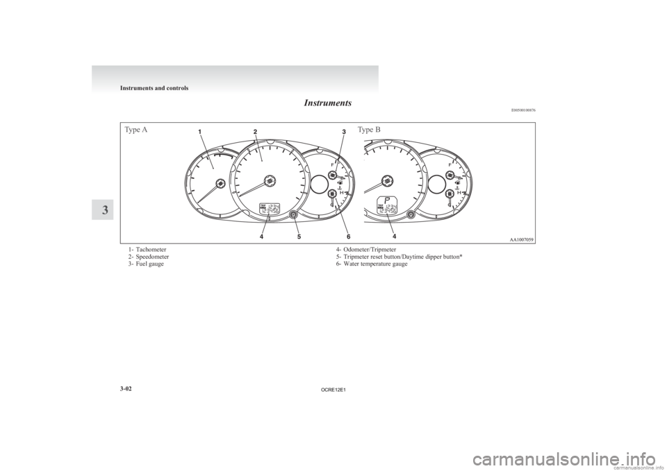 MITSUBISHI L200 2012 (in English) Manual Online Instruments
E00500100876Type AType B1- Tachometer
2-
Speedometer
3- Fuel gauge 4- Odometer/Tripmeter
5-
Tripmeter reset button/Daytime dipper button*
6- Water temperature gauge Instruments and contro MITSUBISHI L200 2012 (in English) Manual Online Instruments
E00500100876Type AType B1- Tachometer
2-
Speedometer
3- Fuel gauge 4- Odometer/Tripmeter
5-
Tripmeter reset button/Daytime dipper button*
6- Water temperature gauge Instruments and contro