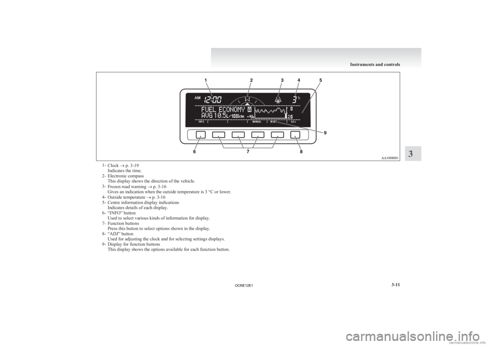 MITSUBISHI L200 2012 (in English) Owners Manual 1-
Clock ® p. 3-19
Indicates the time.
2-
Electronic compassThis display shows the direction of the vehicle.
3- Frozen road warning ® p. 3-16
Gives an indication when the outside temperature is 3 ° MITSUBISHI L200 2012 (in English) Owners Manual 1-
Clock ® p. 3-19
Indicates the time.
2-
Electronic compassThis display shows the direction of the vehicle.
3- Frozen road warning ® p. 3-16
Gives an indication when the outside temperature is 3 °