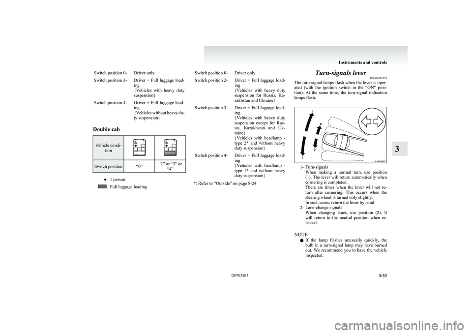 MITSUBISHI L200 2013 Owners Manual (in English) Switch position 0-Driver onlySwitch position 3-Driver + Full luggage load-
ing
{ Vehicles with heavy duty
suspension}Switch position 4-Driver + Full luggage load-
ing
{ Vehicles without hea MITSUBISHI L200 2013 Owners Manual (in English) Switch position 0-Driver onlySwitch position 3-Driver + Full luggage load-
ing
{ Vehicles with heavy duty
suspension}Switch position 4-Driver + Full luggage load-
ing
{ Vehicles without hea