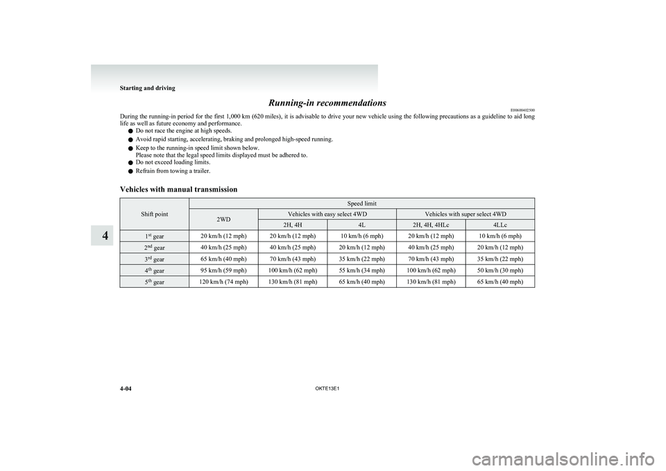 MITSUBISHI L200 2013 Owners Manual (in English) Running-in recommendationsE00600402500
During the running-in period for the first 1,000 km (620 miles), it is advisable to drive your new vehicle using the following precautions as a guideline to aid MITSUBISHI L200 2013 Owners Manual (in English) Running-in recommendationsE00600402500
During the running-in period for the first 1,000 km (620 miles), it is advisable to drive your new vehicle using the following precautions as a guideline to aid