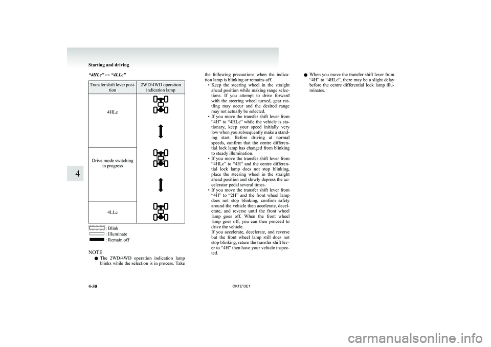 MITSUBISHI L200 2013  Owners Manual (in English) “4HLc” ↔ “4LLc”Transfer shift lever posi-tion2WD/4WD operationindication lamp
4HLc
 
Drive mode switching in progress
 
4LLc
: Blink: Illuminate: Remain off
NOTE l The  2WD/4WD  operation  i