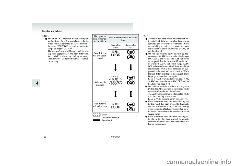 MITSUBISHI L200 2013  Owners Manual (in English) NOTEl The 2WD/4WD operation indication lamp al-
so illuminates for a few seconds when the ig-
nition switch is turned to the “ON” position.
Refer  to  “2WD/4WD  operation  indication
lamp” on 
