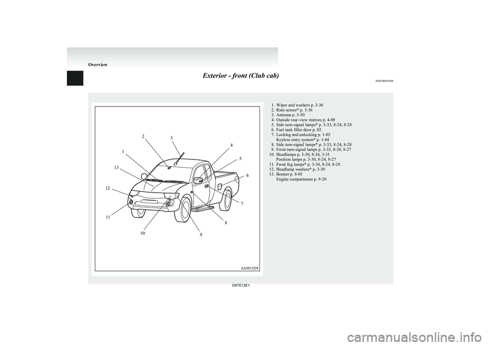 MITSUBISHI L200 2013   (in English) User Guide Exterior - front (Club cab)E00100505448
123456789101112131. Wiper and washers p. 3-36
2. Rain sensor* p. 3-36
3. Antenna p. 5-50
4. Outside rear-view mirrors p. 4-09
5. Side turn-signal lamps* p. 3-33