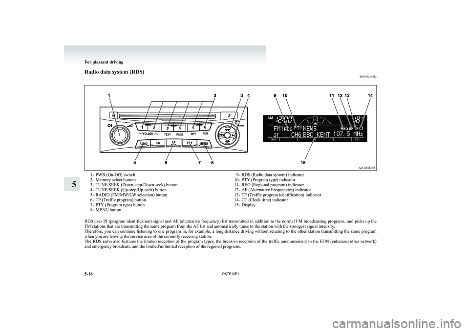 MITSUBISHI L200 2013 Owners Manual (in English) Radio data system (RDS)E007092004521- PWR (On-Off) switch
2- Memory select buttons
3- TUNE/SEEK (Down-step/Down-seek) button
4- TUNE/SEEK (Up-step/Up-seek) button
5- RADIO (FM/MW/LW selection) button
MITSUBISHI L200 2013 Owners Manual (in English) Radio data system (RDS)E007092004521- PWR (On-Off) switch
2- Memory select buttons
3- TUNE/SEEK (Down-step/Down-seek) button
4- TUNE/SEEK (Up-step/Up-seek) button
5- RADIO (FM/MW/LW selection) button