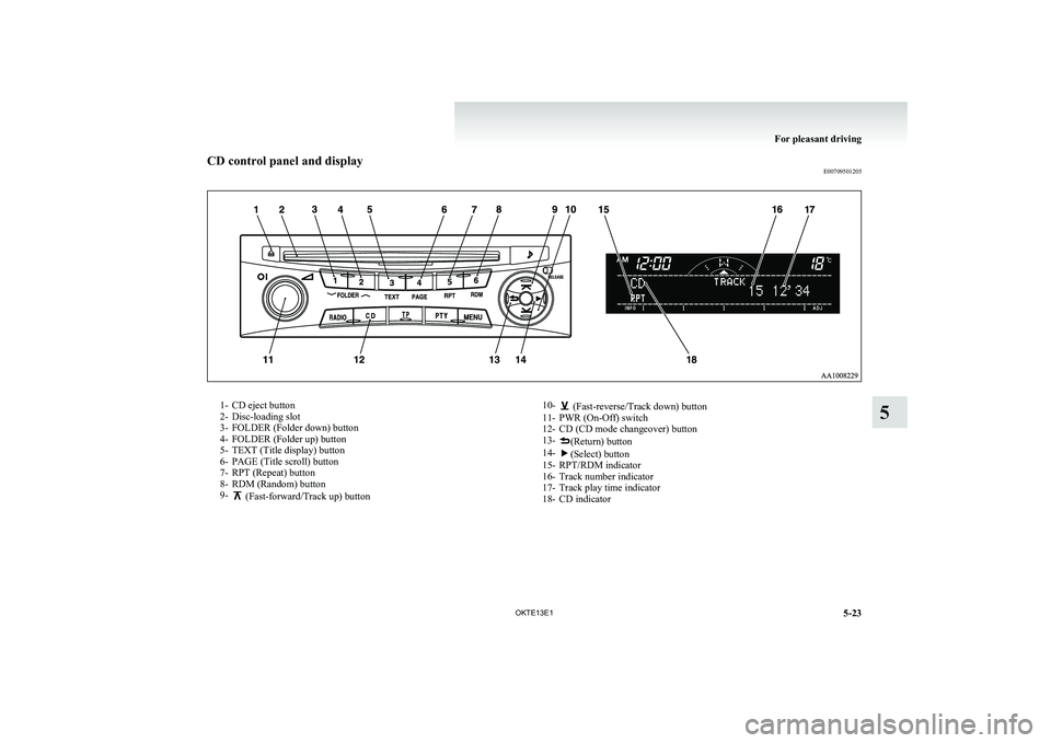 MITSUBISHI L200 2013 Owners Manual (in English) CD control panel and displayE007095012051- CD eject button
2- Disc-loading slot
3- FOLDER (Folder down) button
4- FOLDER (Folder up) button
5- TEXT (Title display) button
6- PAGE (Title scroll) button MITSUBISHI L200 2013 Owners Manual (in English) CD control panel and displayE007095012051- CD eject button
2- Disc-loading slot
3- FOLDER (Folder down) button
4- FOLDER (Folder up) button
5- TEXT (Title display) button
6- PAGE (Title scroll) button