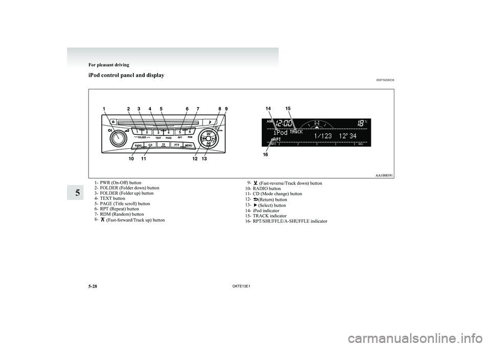 MITSUBISHI L200 2013 Owners Manual (in English) iPod control panel and displayE007562002381- PWR (On-Off) button
2- FOLDER (Folder down) button
3- FOLDER (Folder up) button
4- TEXT button
5- PAGE (Title scroll) button
6- RPT (Repeat) button
7- RDM MITSUBISHI L200 2013 Owners Manual (in English) iPod control panel and displayE007562002381- PWR (On-Off) button
2- FOLDER (Folder down) button
3- FOLDER (Folder up) button
4- TEXT button
5- PAGE (Title scroll) button
6- RPT (Repeat) button
7- RDM