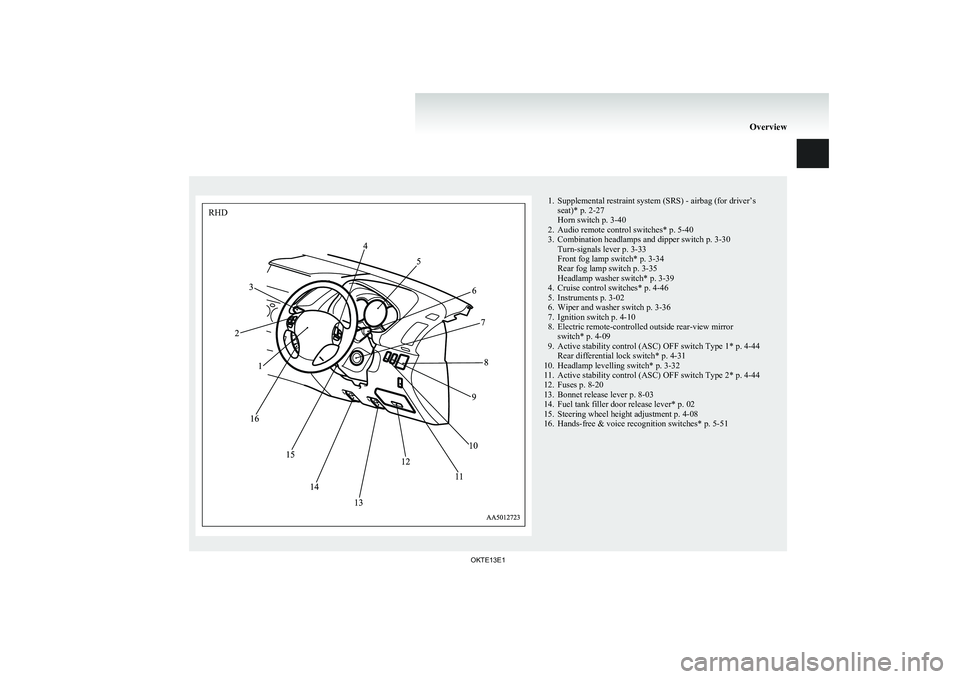 MITSUBISHI L200 2013  Owners Manual (in English) 1. Supplemental restraint system (SRS) - airbag (for driver’sseat)* p. 2-27
Horn switch p. 3-40
2. Audio remote control switches* p. 5-40
3. Combination headlamps and dipper switch p. 3-30 Turn-sign
