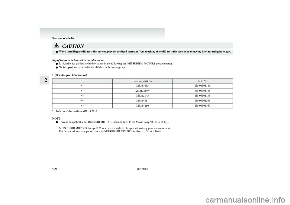 MITSUBISHI L200 2013 (in English) Repair Manual CAUTIONlWhen installing a child restraint system, prevent the head restraint from touching the child restraint system by removing it or adjusting its height.Key of letters to be inserted in the table MITSUBISHI L200 2013 (in English) Repair Manual CAUTIONlWhen installing a child restraint system, prevent the head restraint from touching the child restraint system by removing it or adjusting its height.Key of letters to be inserted in the table