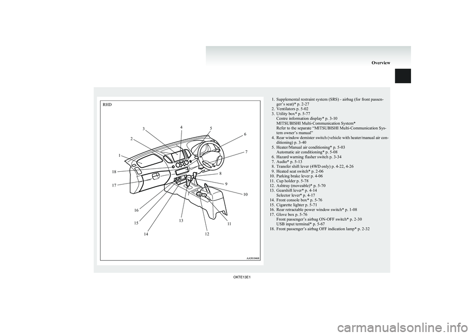 MITSUBISHI L200 2013  Owners Manual (in English) 1. Supplemental restraint system (SRS) - airbag (for front passen-ger’s seat)* p. 2-27
2. Ventilators p. 5-02
3. Utility box* p. 5-77 Centre information display* p. 3-10
MITSUBISHI Multi-Communicati
