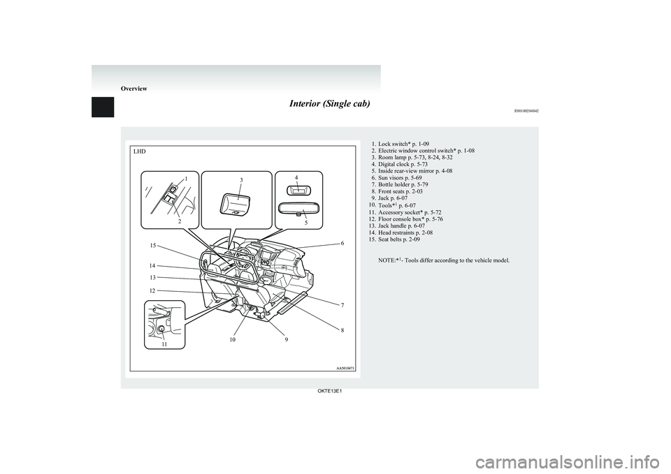 MITSUBISHI L200 2013  Owners Manual (in English) Interior (Single cab)E001002048421. Lock switch* p. 1-09
2. Electric window control switch* p. 1-08
3. Room lamp p. 5-73, 8-24, 8-32
4. Digital clock p. 5-73
5. Inside rear-view mirror p. 4-08
6. Sun 