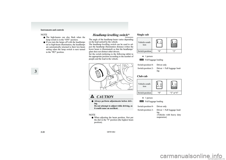 MITSUBISHI L200 2014 Owners Manual (in English) NOTEl The high-beams can also flash when the
lamp switch is in the “OFF” position.
l If you turn the lamps off with the headlamps
set to high-beam illumination, the headlamps
are automatica MITSUBISHI L200 2014 Owners Manual (in English) NOTEl The high-beams can also flash when the
lamp switch is in the “OFF” position.
l If you turn the lamps off with the headlamps
set to high-beam illumination, the headlamps
are automatica