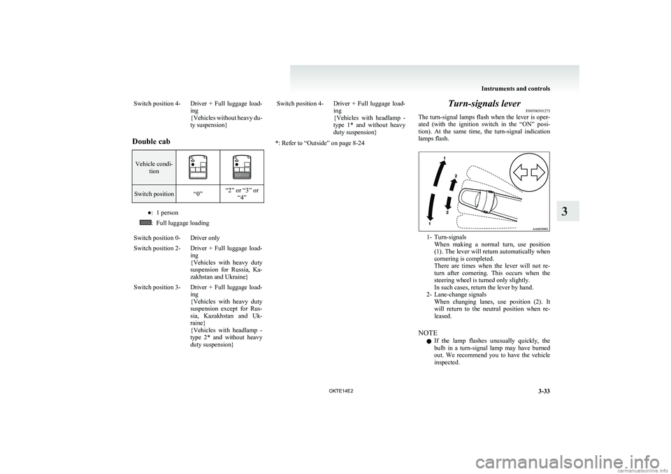 MITSUBISHI L200 2014 Owners Manual (in English) Switch position 4-Driver + Full luggage load-
ing
{ Vehicles without heavy du-
ty suspension}
Double cab
Vehicle condi- tionSwitch position“0”“2” or “3” or“4”●:1 person:Full lugg MITSUBISHI L200 2014 Owners Manual (in English) Switch position 4-Driver + Full luggage load-
ing
{ Vehicles without heavy du-
ty suspension}
Double cab
Vehicle condi- tionSwitch position“0”“2” or “3” or“4”●:1 person:Full lugg