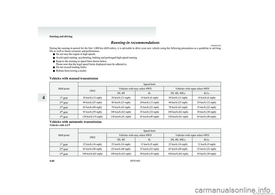 MITSUBISHI L200 2014   (in English) Owners Guide Running-in recommendationsE00600402500
During the running-in period for the first  1,000 km (620 miles), it is advisable to drive your new vehicle using the following precautions as a guideline to aid