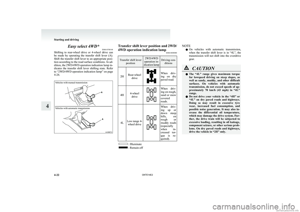 MITSUBISHI L200 2014 Owners Manual (in English) Easy select 4WD*E00614700148
Shifting to rear-wheel drive or 4-wheel drive can
be made by operating the transfer shift lever (A).
Shift the transfer shift lever to an appropriate posi-
MITSUBISHI L200 2014 Owners Manual (in English) Easy select 4WD*E00614700148
Shifting to rear-wheel drive or 4-wheel drive can
be made by operating the transfer shift lever (A).
Shift the transfer shift lever to an appropriate posi-