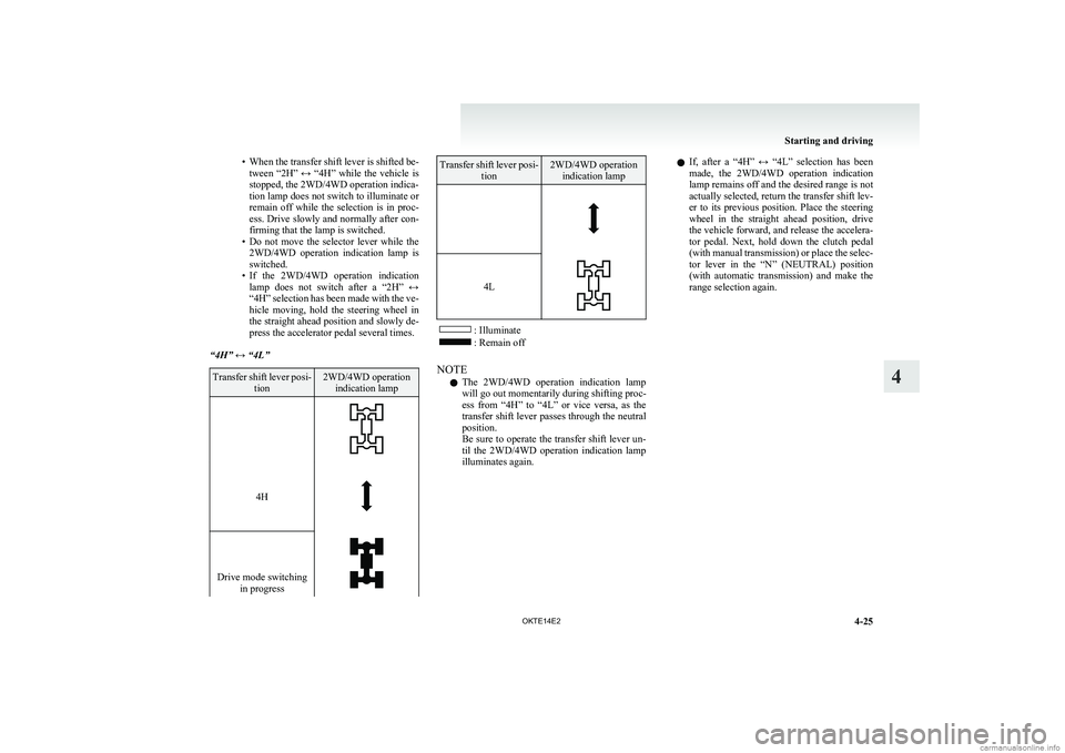 MITSUBISHI L200 2014   (in English) User Guide •When the transfer shift lever is shifted be-
tween  “2H”  ↔  “4H”  while  the  vehicle  is
stopped, the 2WD/4WD operation indica-
tion lamp does not switch to illuminate or
remain  off  w