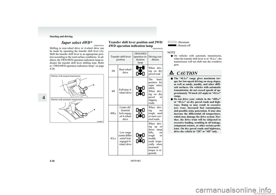 MITSUBISHI L200 2014 Owners Manual (in English) Super select 4WD*E00605700214
Shifting to rear-wheel drive or 4-wheel drive can
be made by operating the transfer shift lever (A).
Shift the transfer shift lever to an appropriate posi- MITSUBISHI L200 2014 Owners Manual (in English) Super select 4WD*E00605700214
Shifting to rear-wheel drive or 4-wheel drive can
be made by operating the transfer shift lever (A).
Shift the transfer shift lever to an appropriate posi-
