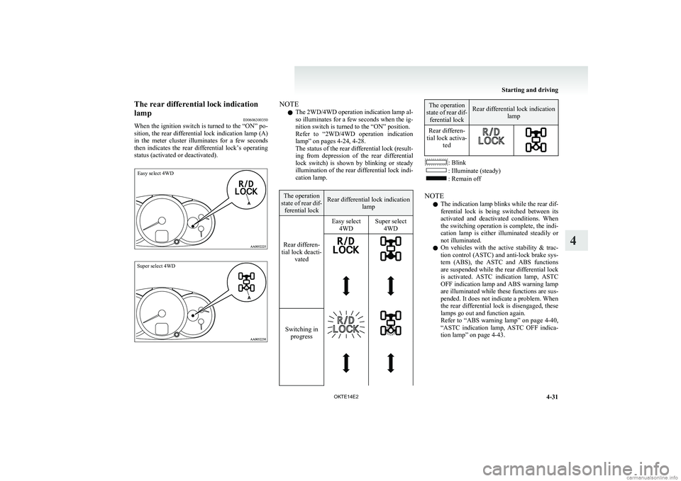 MITSUBISHI L200 2014 Owners Manual (in English) The rear differential lock indication
lamp E00606300350
When the ignition switch is turned to the “ON” po-
sition, the rear differential lock indication lamp (A)
in the meter cluster illuminat MITSUBISHI L200 2014 Owners Manual (in English) The rear differential lock indication
lamp E00606300350
When the ignition switch is turned to the “ON” po-
sition, the rear differential lock indication lamp (A)
in the meter cluster illuminat