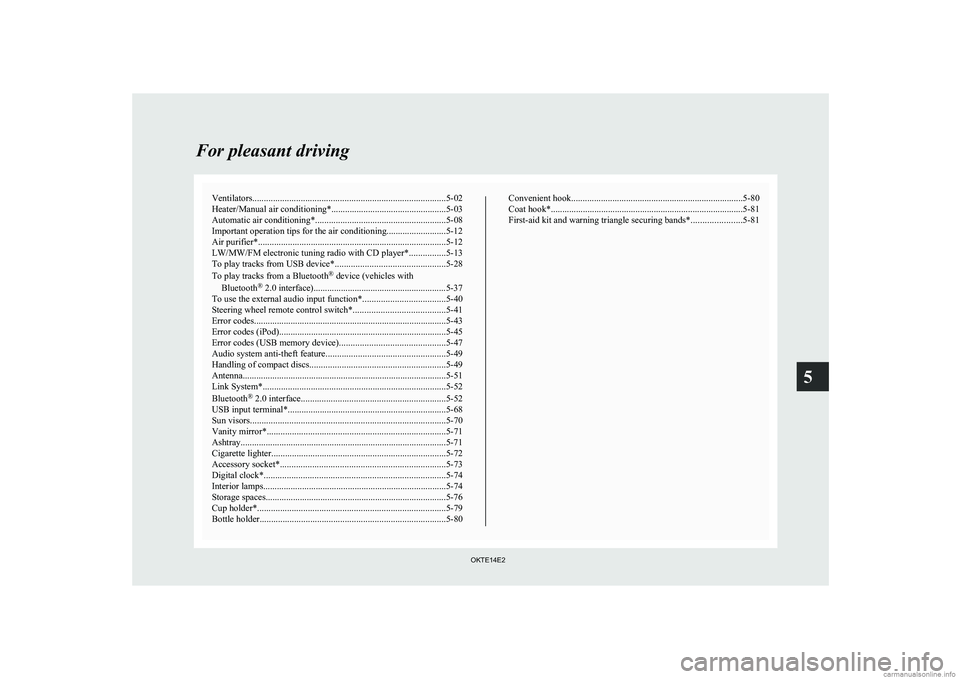 MITSUBISHI L200 2014  Owners Manual (in English) Ventilators.................................................................................... 5-02
Heater/Manual air conditioning* ..................................................5-03
Automatic ai