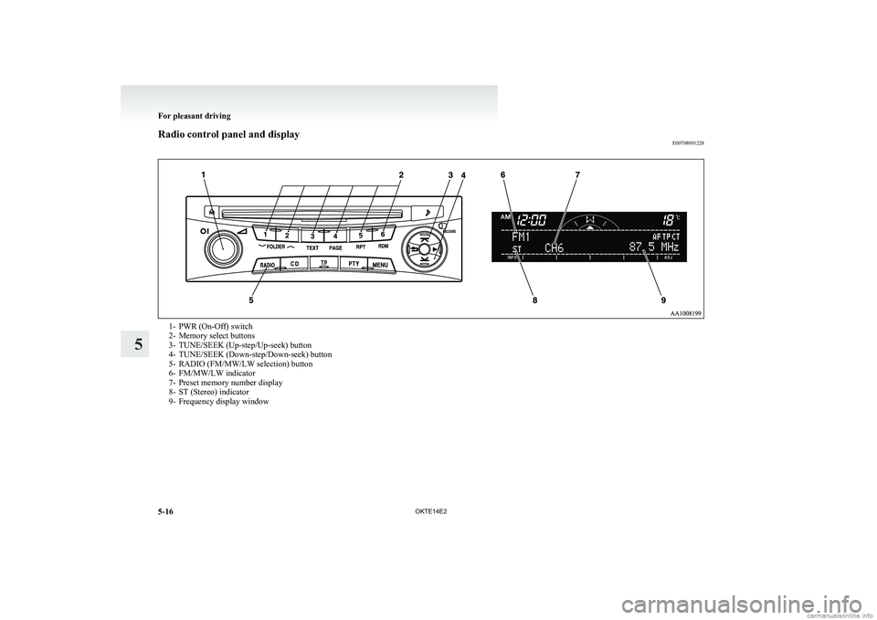MITSUBISHI L200 2014  Owners Manual (in English) Radio control panel and displayE007089012281- PWR (On-Off) switch
2- Memory select buttons
3- TUNE/SEEK (Up-step/Up-seek) button
4- TUNE/SEEK (Down-step/Down-seek) button
5- RADIO (FM/MW/LW selection)