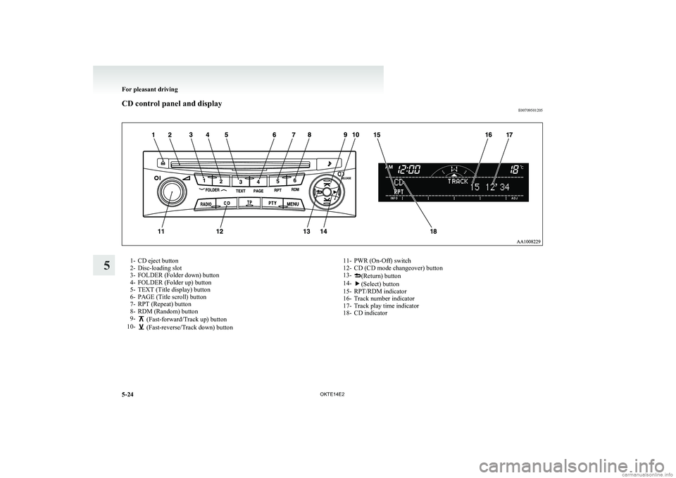 MITSUBISHI L200 2014 Owners Manual (in English) CD control panel and displayE007095012051- CD eject button
2- Disc-loading slot
3- FOLDER (Folder down) button
4- FOLDER (Folder up) button
5- TEXT (Title display) button
6- PAGE (Title scroll) button MITSUBISHI L200 2014 Owners Manual (in English) CD control panel and displayE007095012051- CD eject button
2- Disc-loading slot
3- FOLDER (Folder down) button
4- FOLDER (Folder up) button
5- TEXT (Title display) button
6- PAGE (Title scroll) button