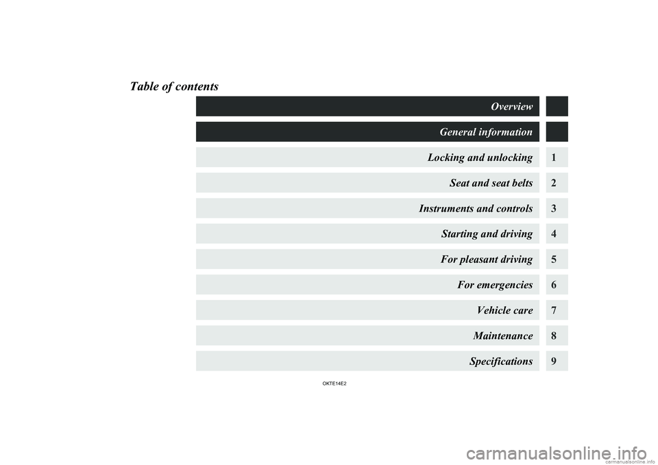 MITSUBISHI L200 2014  Owners Manual (in English) Table of contentsOverviewGeneral informationLocking and unlocking1Seat and seat belts2Instruments and controls3Starting and driving4For pleasant driving5For emergencies6Vehicle care7Maintenance8Specif