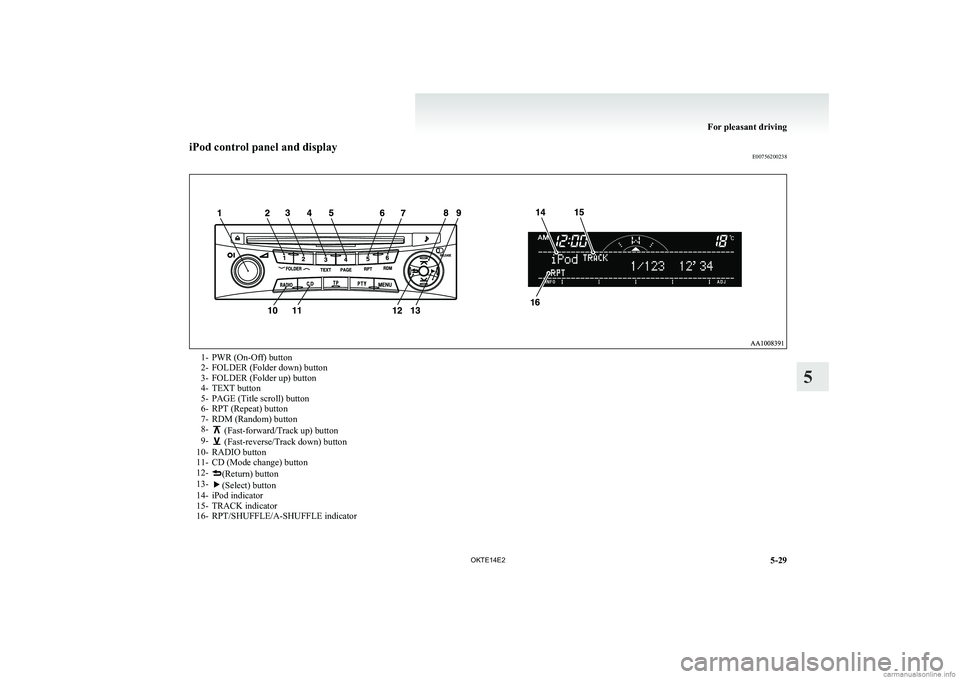 MITSUBISHI L200 2014 Owners Manual (in English) iPod control panel and displayE007562002381- PWR (On-Off) button
2- FOLDER (Folder down) button
3- FOLDER (Folder up) button
4- TEXT button
5- PAGE (Title scroll) button
6- RPT (Repeat) button
7- RDM MITSUBISHI L200 2014 Owners Manual (in English) iPod control panel and displayE007562002381- PWR (On-Off) button
2- FOLDER (Folder down) button
3- FOLDER (Folder up) button
4- TEXT button
5- PAGE (Title scroll) button
6- RPT (Repeat) button
7- RDM