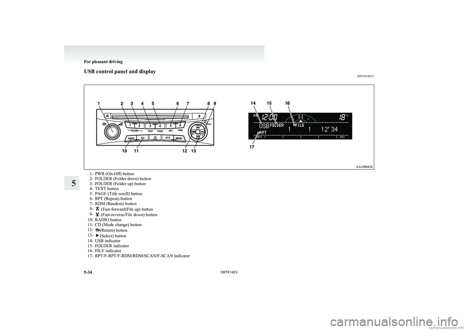 MITSUBISHI L200 2014 Owners Manual (in English) USB control panel and displayE007581002311- PWR (On-Off) button
2- FOLDER (Folder down) button
3- FOLDER (Folder up) button
4- TEXT button
5- PAGE (Title scroll) button
6- RPT (Repeat) button
7- RDM ( MITSUBISHI L200 2014 Owners Manual (in English) USB control panel and displayE007581002311- PWR (On-Off) button
2- FOLDER (Folder down) button
3- FOLDER (Folder up) button
4- TEXT button
5- PAGE (Title scroll) button
6- RPT (Repeat) button
7- RDM (