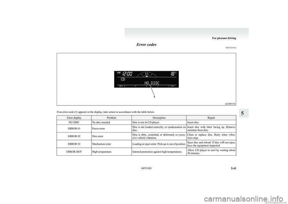 MITSUBISHI L200 2014 Owners Manual (in English) Error codesE00710101142
If an error code (1) appears in the display, take action in accordance with the table below.
Error displayProblemDescriptionRepairNO DISCNo disc insertedDisc is not in CD playe MITSUBISHI L200 2014 Owners Manual (in English) Error codesE00710101142
If an error code (1) appears in the display, take action in accordance with the table below.
Error displayProblemDescriptionRepairNO DISCNo disc insertedDisc is not in CD playe