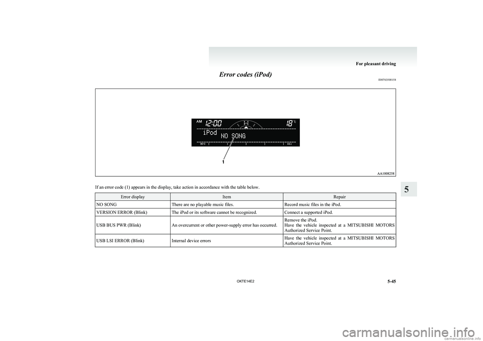 MITSUBISHI L200 2014 Owners Manual (in English) Error codes (iPod)E00763500158
If an error code (1) appears in the display, take action in accordance with the table below.
Error displayItemRepairNO SONGThere are no playable music files.Record music MITSUBISHI L200 2014 Owners Manual (in English) Error codes (iPod)E00763500158
If an error code (1) appears in the display, take action in accordance with the table below.
Error displayItemRepairNO SONGThere are no playable music files.Record music