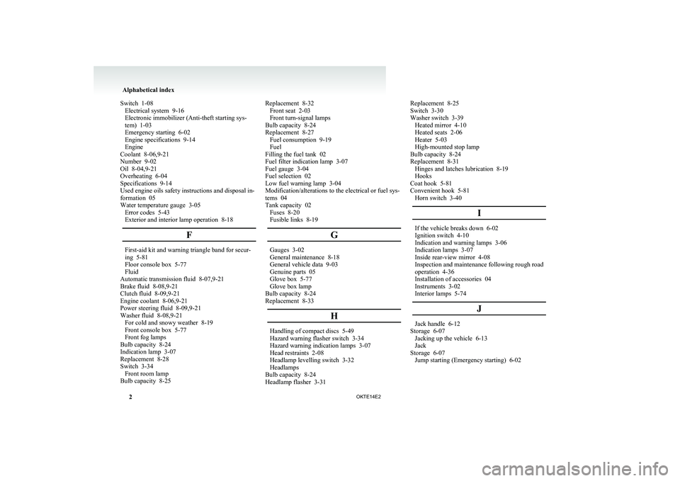 MITSUBISHI L200 2014 Owners Manual (in English) Switch 1-08
Electrical system 9-16
Electronic immobilizer (Anti-theft starting sys-
tem) 1-03
Emergency starting 6-02
Engine specifications 9-14
Engine
Coolant 8-06,9-21
Number 9-02
Oil 8-04, MITSUBISHI L200 2014 Owners Manual (in English) Switch 1-08
Electrical system 9-16
Electronic immobilizer (Anti-theft starting sys-
tem) 1-03
Emergency starting 6-02
Engine specifications 9-14
Engine
Coolant 8-06,9-21
Number 9-02
Oil 8-04,