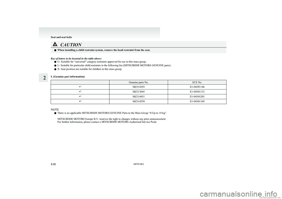 MITSUBISHI L200 2014   (in English) Repair Manual CAUTIONlWhen installing a child restraint system, remove the head restraint from the seat.Key of letters to be inserted in the table above:
lU- Suitable for “universal” category restraints approve