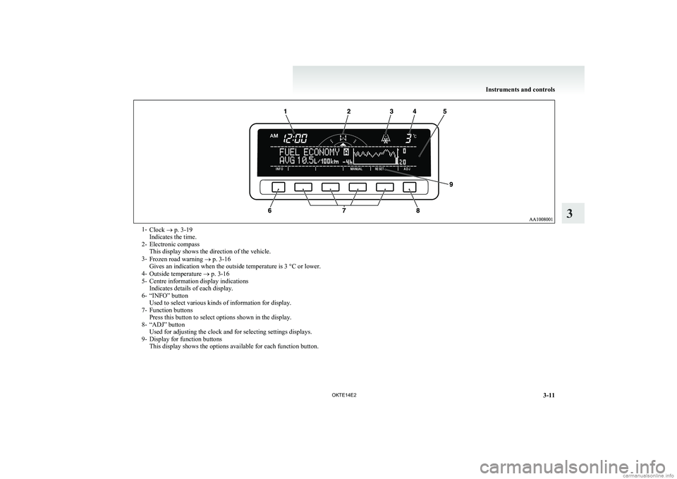 MITSUBISHI L200 2014 (in English) Owners Manual 1-Clock ® p. 3-19
Indicates the time.
2- Electronic compass This display shows the direction of the vehicle.
3- Frozen road warning ® p. 3-16
Gives an indication when the outside temperature is 3 MITSUBISHI L200 2014 (in English) Owners Manual 1-Clock ® p. 3-19
Indicates the time.
2- Electronic compass This display shows the direction of the vehicle.
3- Frozen road warning ® p. 3-16
Gives an indication when the outside temperature is 3