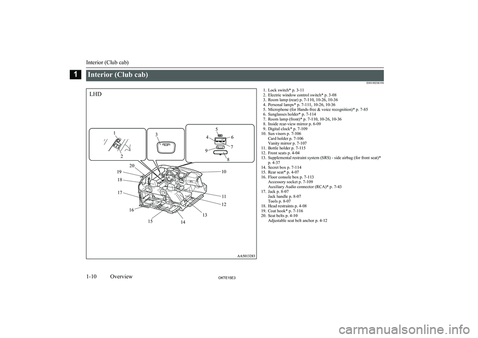 MITSUBISHI L200 2015  Owners Manual (in English) Interior (Club cab)E00100206194
1LHD2345678910111213141516171920181. Lock switch* p. 3-11
2. Electric window control switch* p. 3-08
3. Room lamp (rear) p. 7-110, 10-26, 10-36
4. Personal lamps* p. 7-