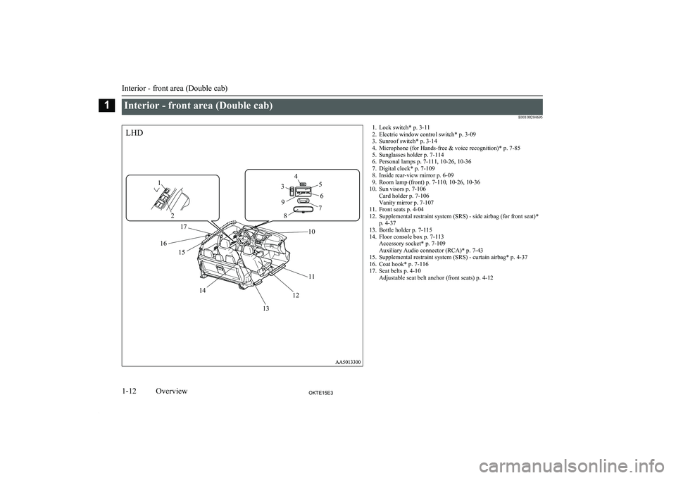 MITSUBISHI L200 2015  Owners Manual (in English) Interior - front area (Double cab)E00100204695
1293456871011121314151617LHD1. Lock switch* p. 3-11
2. Electric window control switch* p. 3-09
3. Sunroof switch* p. 3-14
4. Microphone (for Hands-free &