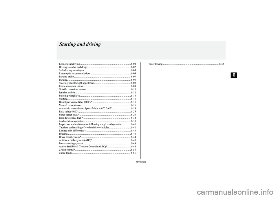 MITSUBISHI L200 2015  Owners Manual (in English) Economical driving............................................................................. 6-02
Driving, alcohol and drugs.................................................................. 6-02
S