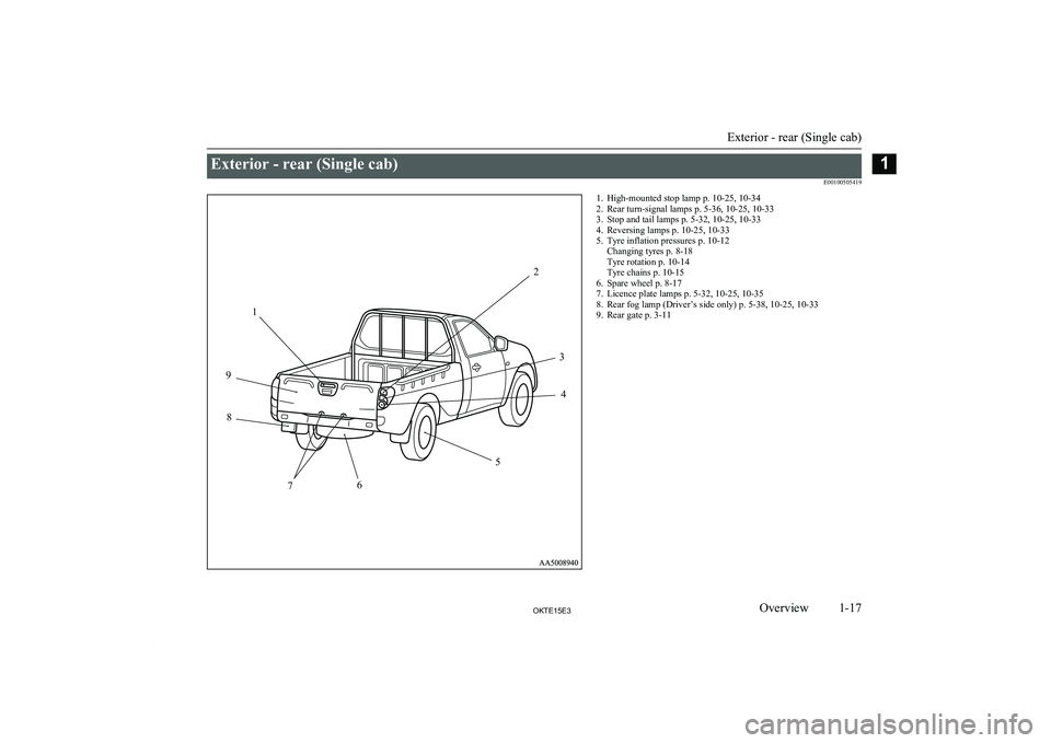 MITSUBISHI L200 2015   (in English) User Guide Exterior - rear (Single cab)E00100505419
1234567891. High-mounted stop lamp p. 10-25, 10-34
2. Rear turn-signal lamps p. 5-36, 10-25, 10-33
3. Stop and tail lamps p. 5-32, 10-25, 10-33
4. Reversing la