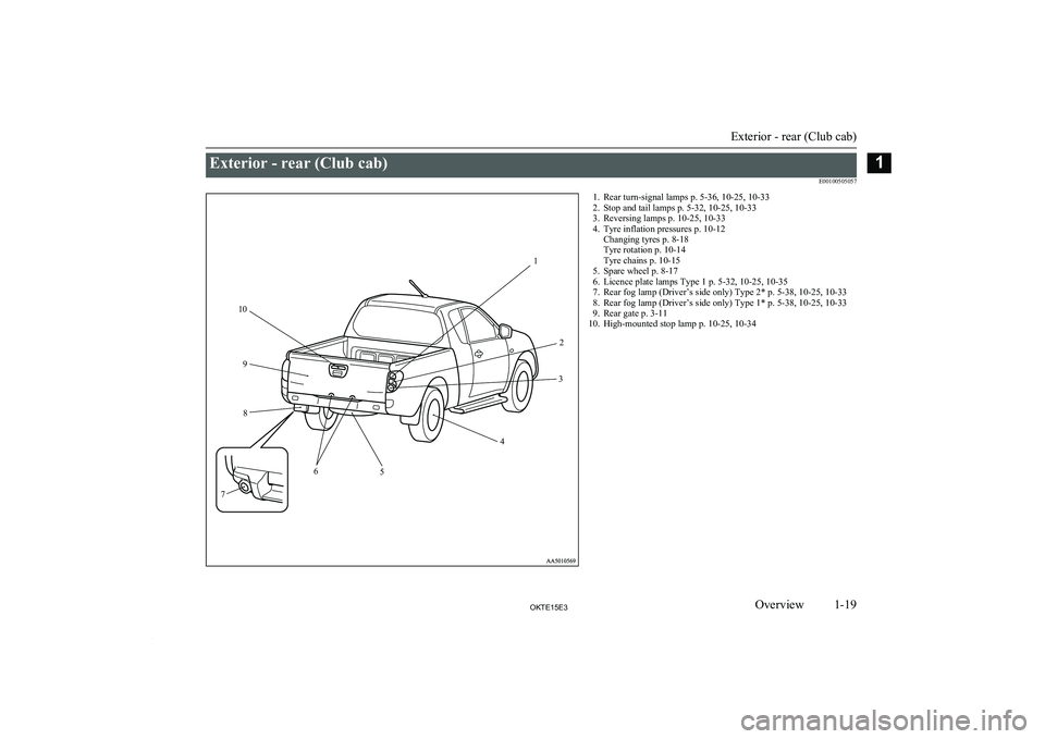 MITSUBISHI L200 2015 (in English) Owners Guide Exterior - rear (Club cab)E001005050571. Rear turn-signal lamps p. 5-36, 10-25, 10-33
2. Stop and tail lamps p. 5-32, 10-25, 10-33
3. Reversing lamps p. 10-25, 10-33
4. Tyre inflation pressures p. 10- MITSUBISHI L200 2015 (in English) Owners Guide Exterior - rear (Club cab)E001005050571. Rear turn-signal lamps p. 5-36, 10-25, 10-33
2. Stop and tail lamps p. 5-32, 10-25, 10-33
3. Reversing lamps p. 10-25, 10-33
4. Tyre inflation pressures p. 10-
