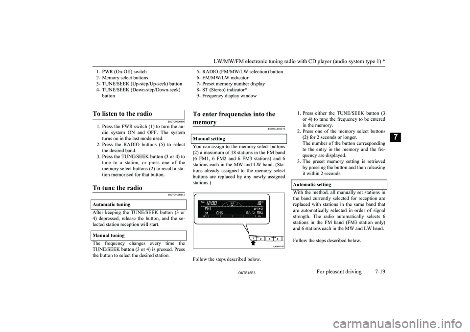 MITSUBISHI L200 2015 Owners Manual (in English) 1- PWR (On-Off) switch
2- Memory select buttons
3- TUNE/SEEK (Up-step/Up-seek) button
4- TUNE/SEEK (Down-step/Down-seek) button5- RADIO (FM/MW/LW selection) button
6- FM/MW/LW indicator
7- Preset memo MITSUBISHI L200 2015 Owners Manual (in English) 1- PWR (On-Off) switch
2- Memory select buttons
3- TUNE/SEEK (Up-step/Up-seek) button
4- TUNE/SEEK (Down-step/Down-seek) button5- RADIO (FM/MW/LW selection) button
6- FM/MW/LW indicator
7- Preset memo
