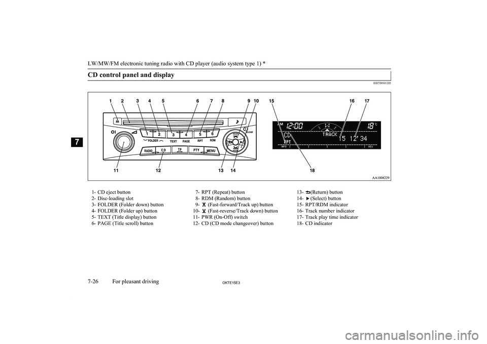 MITSUBISHI L200 2015 Owners Manual (in English) CD control panel and display
E00709501205
1- CD eject button
2- Disc-loading slot
3- FOLDER (Folder down) button 4- FOLDER (Folder up) button
5- TEXT (Title display) button
6- PAGE (Title scroll) butt MITSUBISHI L200 2015 Owners Manual (in English) CD control panel and display
E00709501205
1- CD eject button
2- Disc-loading slot
3- FOLDER (Folder down) button 4- FOLDER (Folder up) button
5- TEXT (Title display) button
6- PAGE (Title scroll) butt