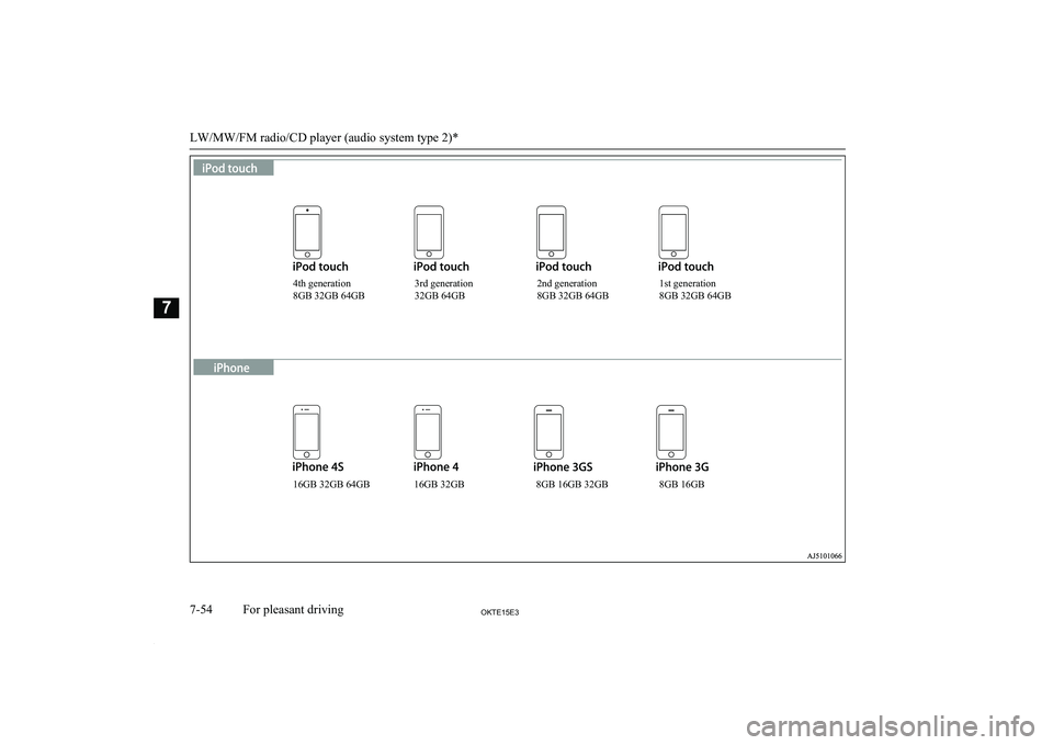 MITSUBISHI L200 2015  Owners Manual (in English) LW/MW/FM radio/CD player (audio system type 2)*
7-54OKTE15E3For pleasant driving74th generation  
8GB 32GB 64GB3rd generation 
32GB 64GB 2nd generation 
8GB 32GB 64GB 1st generation 
8GB 32GB 64GB
16G
