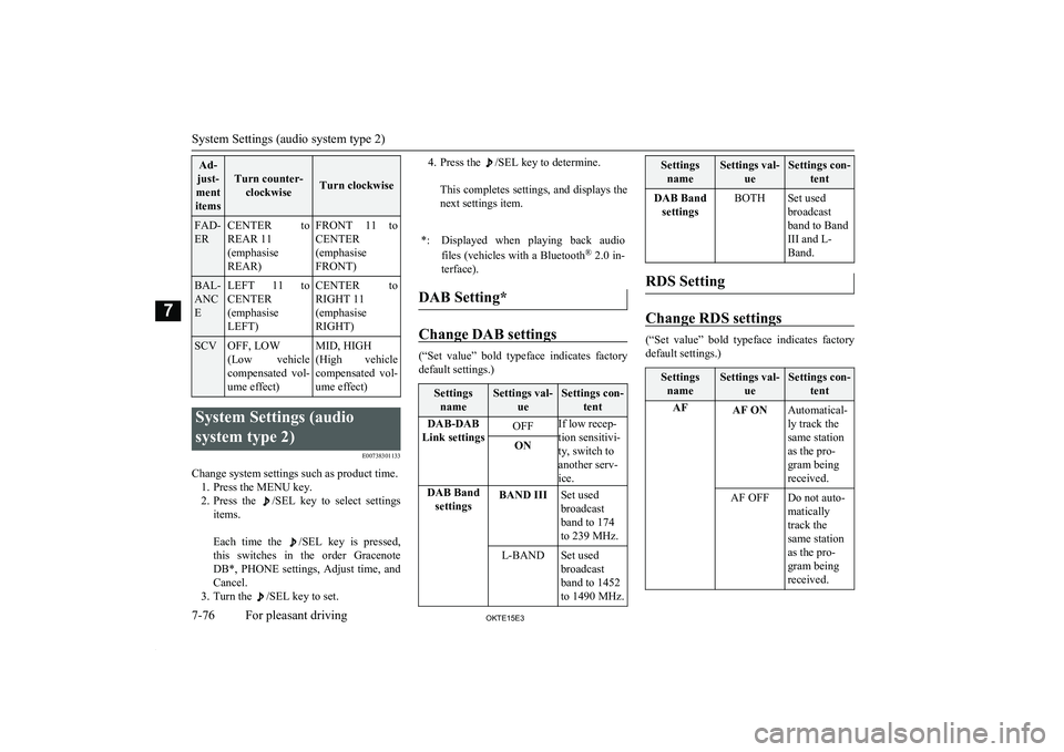 MITSUBISHI L200 2015  Owners Manual (in English) Ad-
just-
ment
items
Turn counter- clockwiseTurn clockwise
FAD-
ERCENTER  to REAR 11
(emphasise
REAR)FRONT  11  to
CENTER
(emphasise
FRONT)BAL-
ANC
ELEFT  11  to CENTER
(emphasise
LEFT)CENTER  to
RIGH