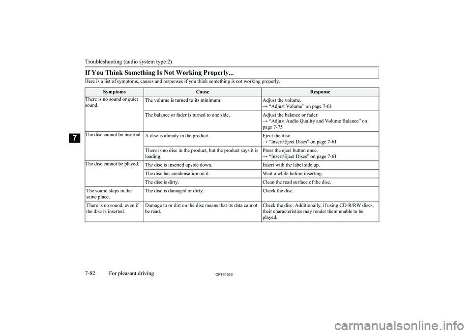 MITSUBISHI L200 2015 Owners Manual (in English) If You Think Something Is Not Working Properly...
Here is a list of symptoms, causes and responses if you think something is not working properly.
SymptomsCauseResponseThere is no sound or quiet
sound MITSUBISHI L200 2015 Owners Manual (in English) If You Think Something Is Not Working Properly...
Here is a list of symptoms, causes and responses if you think something is not working properly.
SymptomsCauseResponseThere is no sound or quiet
sound