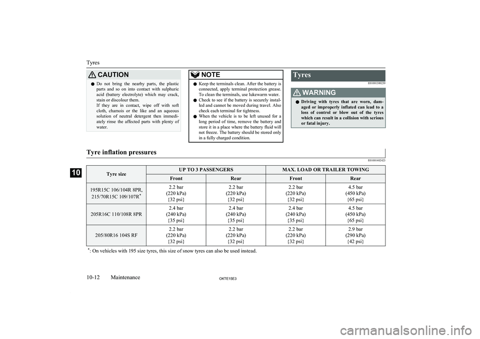 MITSUBISHI L200 2015  Owners Manual (in English) CAUTIONlDo  not  bring  the  nearby  parts,  the  plastic
parts  and  so  on  into  contact  with  sulphuric acid  (battery  electrolyte)  which  may  crack,
stain or discolour them.
If  they  are  in