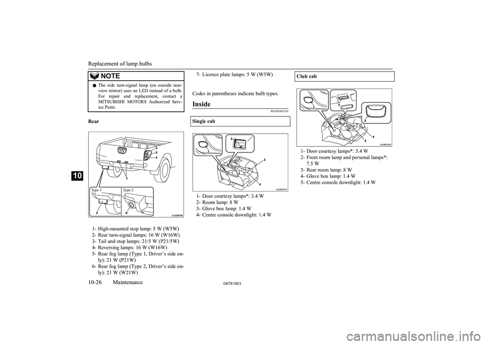 MITSUBISHI L200 2015 Owners Manual (in English) NOTElThe side turn-signal lamp (on outside rear-
view mirror) uses an LED instead of a bulb. For repair and replacement, contact a
MITSUBISHI MOTORS Authorized Serv-
ice Point.
MITSUBISHI L200 2015 Owners Manual (in English) NOTElThe side turn-signal lamp (on outside rear-
view mirror) uses an LED instead of a bulb. For repair and replacement, contact a
MITSUBISHI MOTORS Authorized Serv-
ice Point.