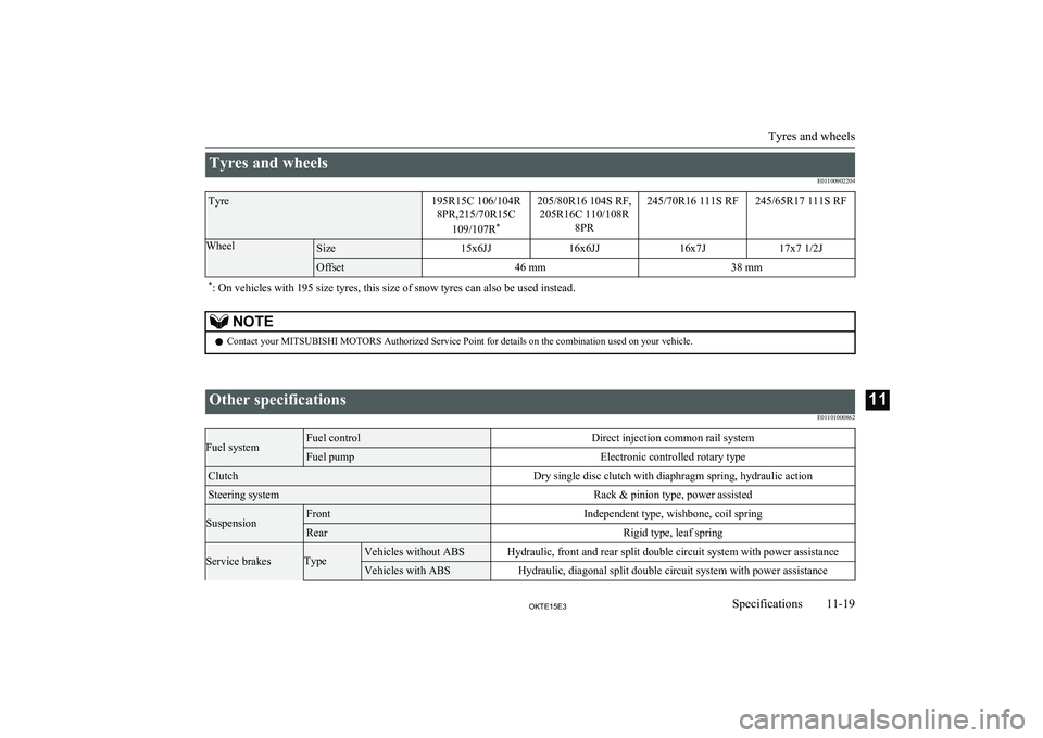 MITSUBISHI L200 2015 Owners Manual (in English) Tyres and wheelsE01100902204Tyre195R15C 106/104R8PR,215/70R15C
109/107R *205/80R16 104S RF,
205R16C 110/108R 8PR245/70R16 111S RF245/65R17 111S RFWheelSize15x6JJ16x6JJ16x7J17x7 1/2JOffset46 mm38 mm*: MITSUBISHI L200 2015 Owners Manual (in English) Tyres and wheelsE01100902204Tyre195R15C 106/104R8PR,215/70R15C
109/107R *205/80R16 104S RF,
205R16C 110/108R 8PR245/70R16 111S RF245/65R17 111S RFWheelSize15x6JJ16x6JJ16x7J17x7 1/2JOffset46 mm38 mm*: